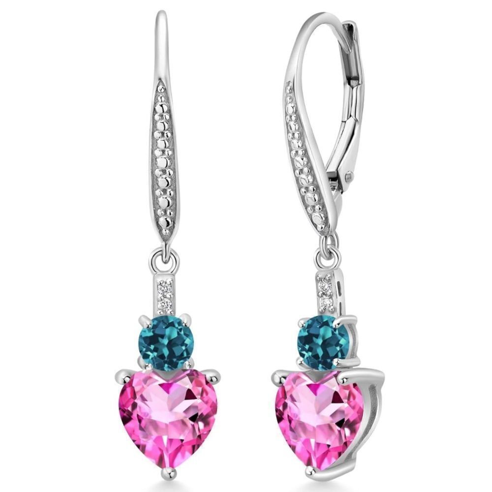 925 Sterling Silver 3.29 Cttw Pink Topaz and London Blue Topaz Heart Earrings